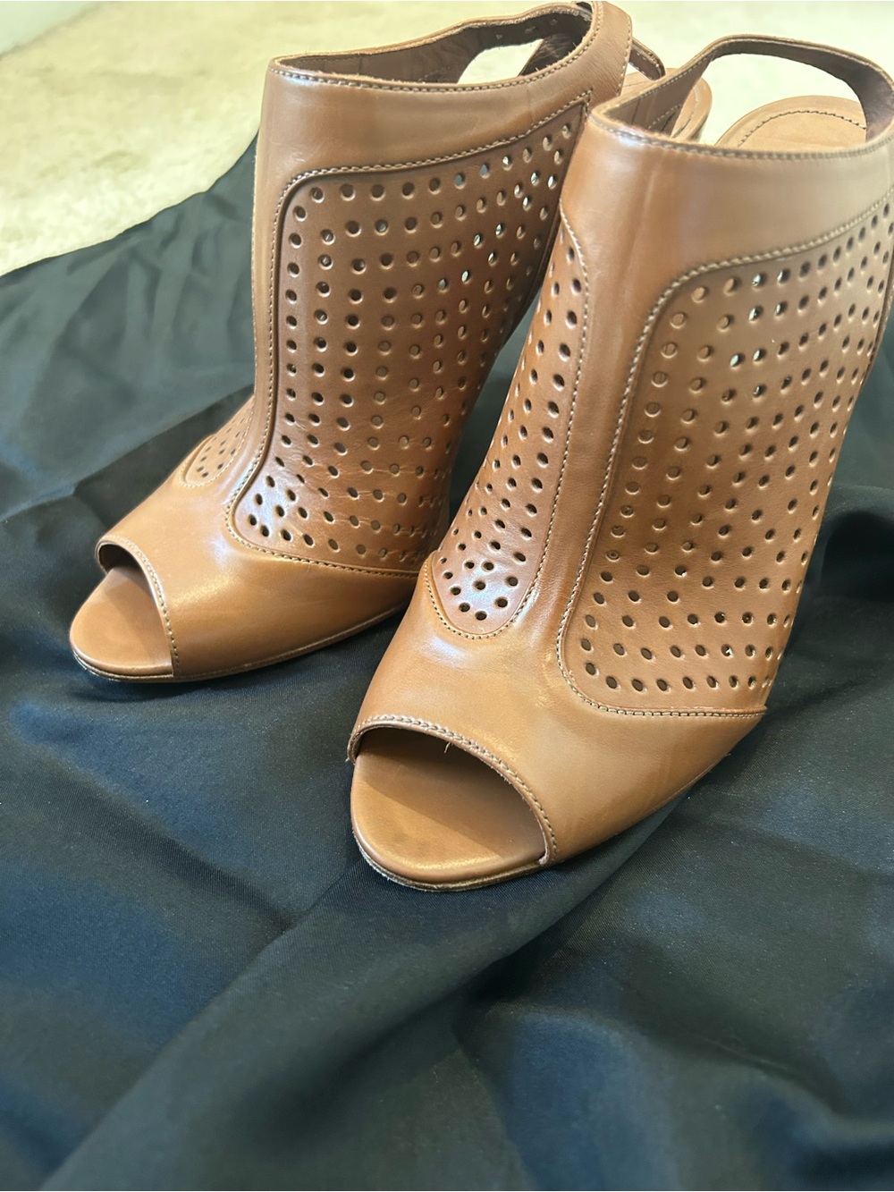 Prada Tan Perforated Peep-Toe Slingback Heels